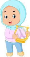 un musulmán niña es contento jugando el música arpa vector