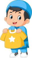 a Muslim boy is happy to get a new t-shirt as a gift vector