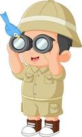 a funny adventurous boy observes birds with binoculars vector