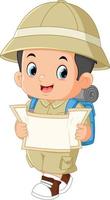 a cute adventurous boy carrying a backpack and reading a map vector