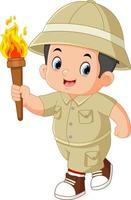 an adventurous boy is excited and runs with a torch vector