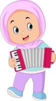 un linda musulmán niña jugando un acordeón instrumento vector