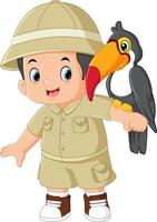 a funny adventurous boy is posing with a big toucan bird vector