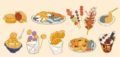 Taiwan street food doodle set, including wheel cake, oyster omelet, tanghulu, grilled squid, mochi, mango shaved ice, fried sweet potato balls, fried chicken fillet, stinky tofu, bubble milk tea