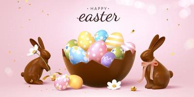 3d Easter banner with beautiful painted eggs in broken chocolate eggshell. Concept of Easter egg hunt or surprise gifts. vector