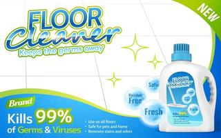 Floor cleaner package on shiny floor with several efficacies in 3d illustration vector