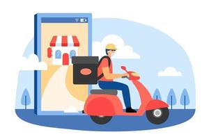 Man delivering food safely during pandemic. Flat style illustration delivery man wearing protective face mask with heater backpack riding on motor bike, going for food delivery. vector