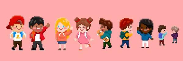píxel Arte de Niños y muchachas caracteres en rosado bandera antecedentes. multiétnico grupo de 8 bits vídeo juego estilo vector