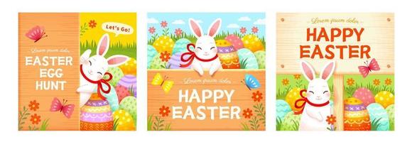 Easter templates with cute rabbits, eggs and wood boards. Holiday background suitable for event invitation or greeting card. vector