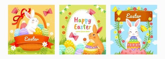 Pascua de Resurrección plantillas con linda conejos teniendo Pascua de Resurrección huevo caza. fiesta antecedentes adecuado para evento invitación o saludo tarjeta. vector