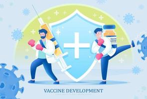 Two scientists fighting the virus with vaccine bottle and syringe. Concept of stopping the COVID pandemic through vaccination. vector