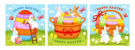 Easter templates with cute rabbits decorating eggs and putting them in baskets. Holiday background suitable for event invitation or greeting card.