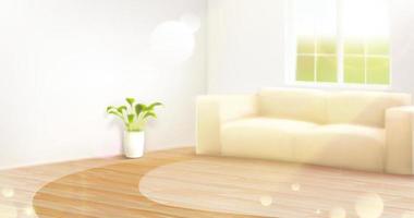 Blurry interior background of bright living room with wooden floor and sun flare shone through the window. 3d illustration vector
