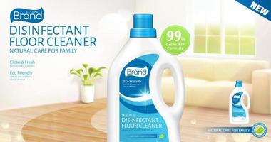 3d ad template for disinfectant floor cleaner or odor remover. Realistic plastic bottle packet over blurry living room background. vector