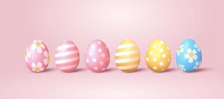 Easter painted egg with beautiful pattern. 3d holiday elements isolated on pink background. vector