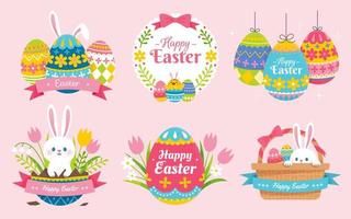 Collection of cute Easter illustration, designed with Easter rabbits, painted eggs and basket. Suitable for label and sticker design. vector