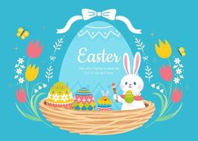 Happy Easter background. Cute rabbit, colorful eggs and chick set in nest with floral tulip frame. vector