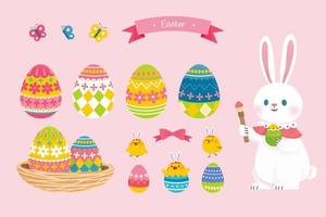 Collection of cute Easter elements, including rabbit, nest, eggs with floral patterns. Suitable for Easter event decoration. vector