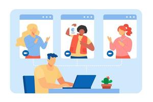 Flat style illustration of a man doing online office meeting. Video conference while working from home. vector