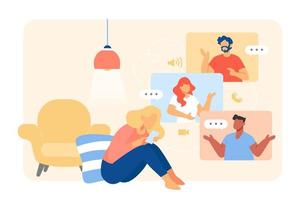 Flat style illustration of a young woman having video call with friends at home. People seen in pop up screens of video call interface. vector