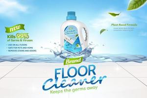 piso limpiador anuncios, planta establecido fórmula de limpiador líquido con hojas elementos y salpicaduras agua en embaldosado piso en 3d ilustración, en contra cielo antecedentes. vector