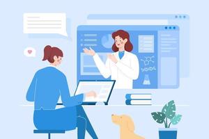 Flat design illustration of two female characters having video conference. Concept of webinar, distance education or online professional consulting services. vector
