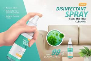 Disinfectant spray ad template in 3d illustration, bottle in hand spraying disinfectant on sofa with closeup of bacteria or viruses vector