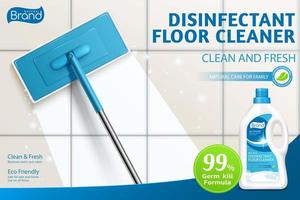 Ad template layout of bleach or floor cleaner. 3d illustration of mop cleaning dirty floor with detergent. Concept of clean shiny and no streak mopping. vector