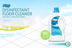 Ad template of floor cleaner. 3d bottle mock up set on shiny white tile floor with blue sky. Concept of bio natural care for home and family. vector