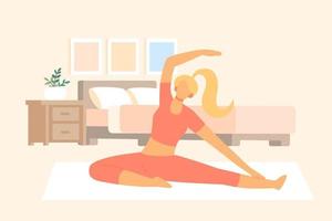 plano estilo ilustración de un mujer haciendo extensión ejercicio a hogar. permanecer a hogar hembra haciendo yoga en dormitorio.