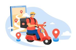 plano estilo ilustración, en línea comida entrega servicio. joven masculino con grande mochila montando en scooter con GPS rastreo marcadores vector