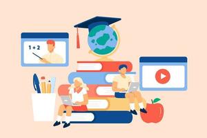 Flat style illustration of school children sitting on books and using laptop for online class. Remote learning concept. vector