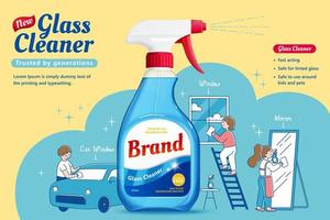 Glass cleaner ad banner, 3d spray bottle with warm hand drawn people cleaning different glass surfaces vector