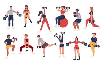 Gym training collection of different men and women with sportswear lifting dumbbell weights. People characters isolated on white background. vector