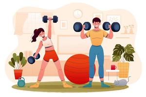 dos joven personas haciendo ejercicios con pesas a hogar. ilustración colección de hogar gimnasio rutina de ejercicio en plano dibujos animados estilo. vector