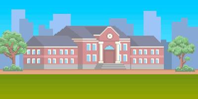 8bit pixel art school building with green lawn in front. Campus background for video game setting vector