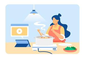 Woman making food using recipe on tablet pc. Female online learning cooking on digital tablet. Flat style illustration. vector