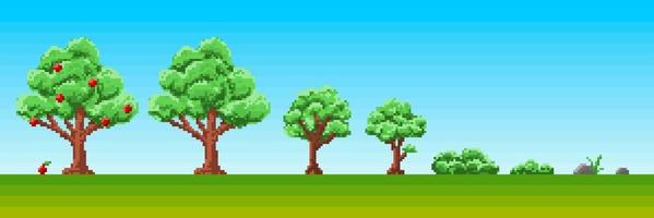 Pixel style art of growing apple tree stages. Seedlings, sprout and grown plant. 8bit pixel art suitable for video