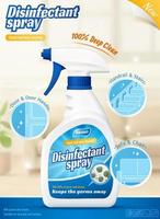 3d ad template for disinfectant cleaner spray or odor remover. Product bottle on blurry living room background with several efficacy icons. vector