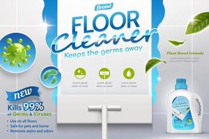 3d illustration of a realistic mop cleaning dirty floor to shine using disinfectant cleaner with germs in closeup and leaves flying. Advertisement poster layout of a floor cleaner with package design. vector