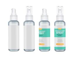 Set of disinfectant spray bottles in 3d illustration, elements isolated on white background, two with label design and two without vector