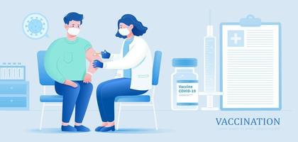 Female doctor giving a vaccine injection to male patient in the hospital. Concept of vaccination against COVID 19. vector