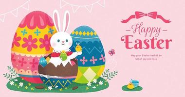 Happy Easter banner with cute rabbit sitting in beautiful chocolate eggs on green grass. Concept of egg hunt. vector