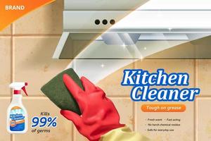 Kitchen cleaner spray ad template, realistic hand wearing rubber glove with a rug cleaning tiled wall in kitchen and chimney surface, 3d illustration. vector