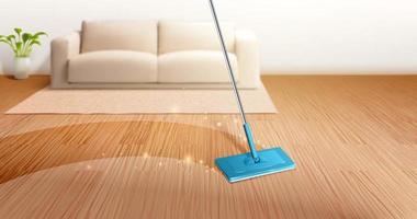 Blurry home interior background. 3D illustration of mop cleaning dirty hardwood floor in living room. vector