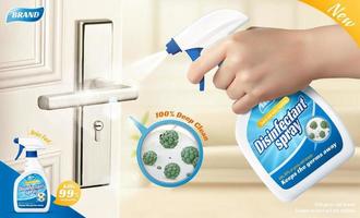 3d ad template for disinfectant spray or odor remover. Product bottle held in hand spraying liquid on door handle with close up of germs and viruses. vector