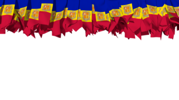 Andorra Flagge anders Formen von Stoff Streifen hängend von Spitze, Unabhängigkeit Tag, 3d Rendern png