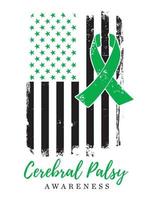 Cerebral Palsy Awareness, Green Ribbon, American Distressed Flag vector