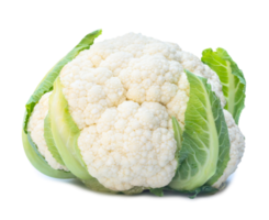 Close up of single fresh ripe white cauliflower head with some green leaves isolated with clipping path and shadow in png file format, Organic vegetable,