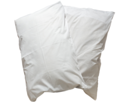 Two white pillows with cases after guest's use at hotel or resort room isolated with clipping path in png file format, Concept of comfortable and happy sleep in daily life